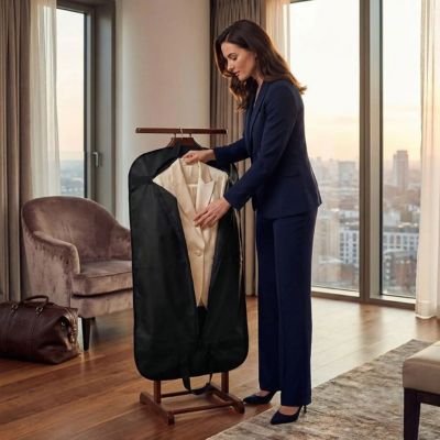 femme range tailleur dans housse vetement voyage chambre