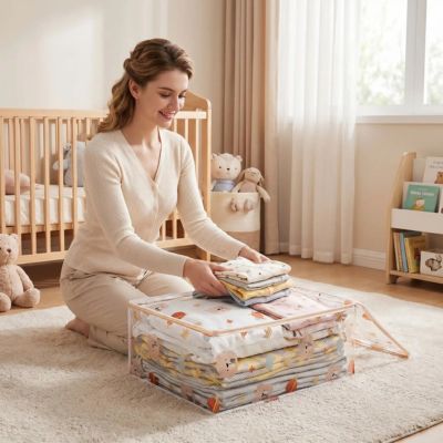 femme range vetement enfant dans sac de rangement vetement 
