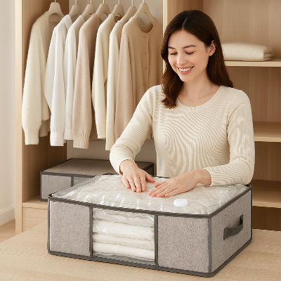 femme souriante range linge sac de rangement sous vide dressing