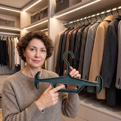 femme tient Cintre​s vert par poignet