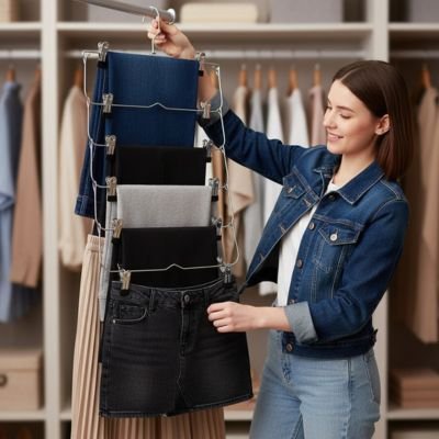 femme tient crochet cintres à pantalon suspendu verticalement jupe jeans