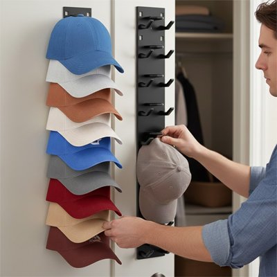 homme accroche casquette sur porte casquette dans chambre