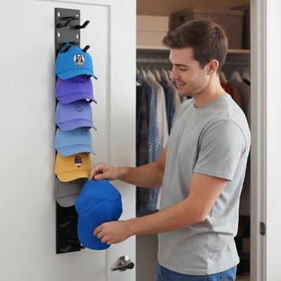 homme accroche casquette sur porte casquette fixe dos porte