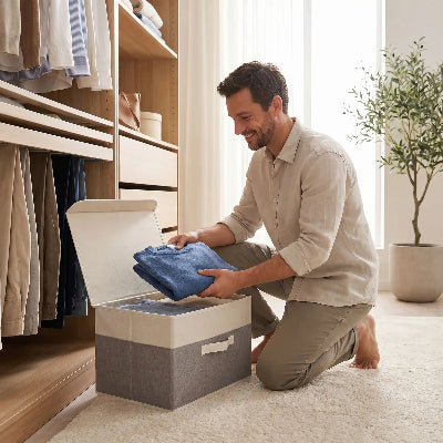 homme accroupi chambre range habit boite de rangement pour vetement
