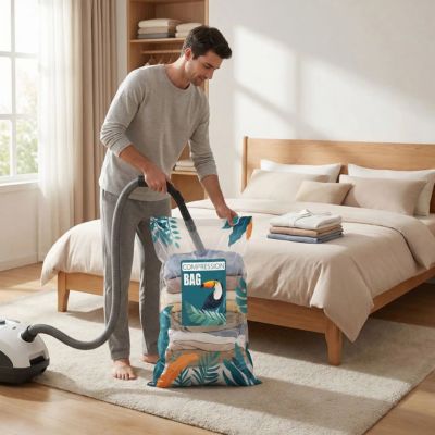 homme aspirateur air sac sous vide vetement chambre