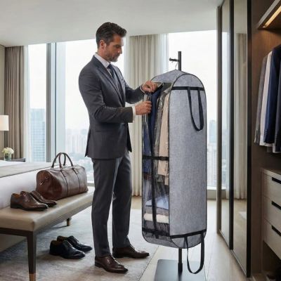 homme prépare voyage d'affaires avec housse vetement voyage 