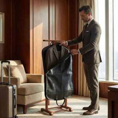 homme range costume dans housse vetement voyage