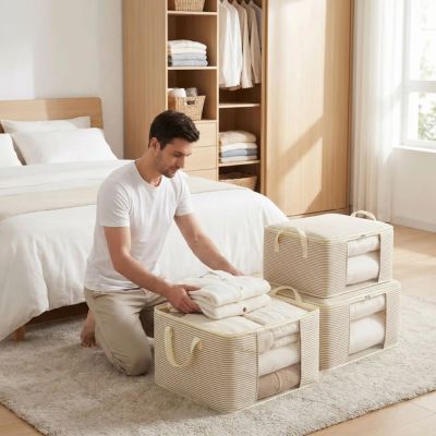 homme range linge sac de rangement pour vetement beige chambre