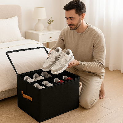 homme range ses chaussures dans compartiments boite rangement chaussures noir