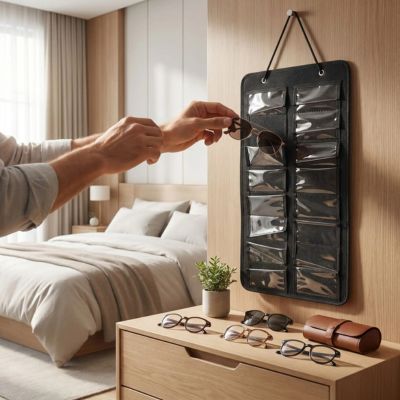 homme range ses lunettes dans rangement lunette noir décor chambre