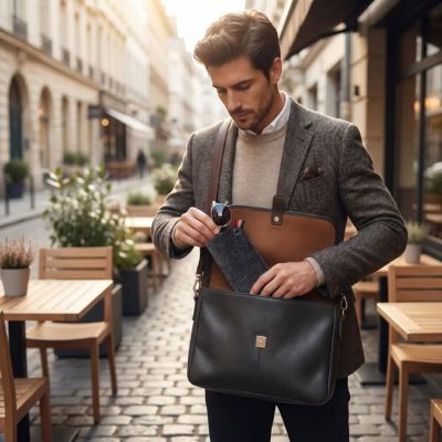homme range son étui à lunette dans sa sacoche