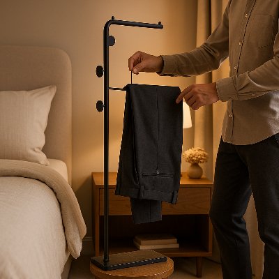 homme suspend pantalon valet de nuit chambre