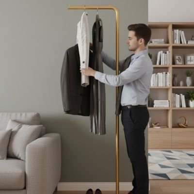 homme suspend veste costume valet de chambre