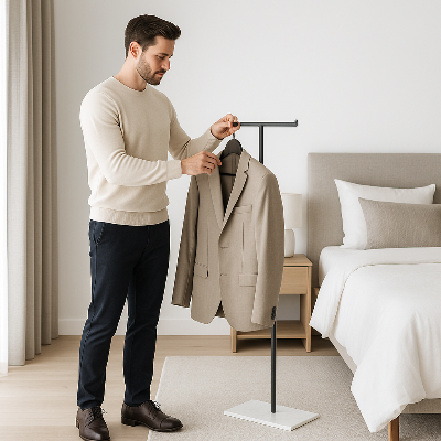 homme suspend veste sur cintre valet de chambre