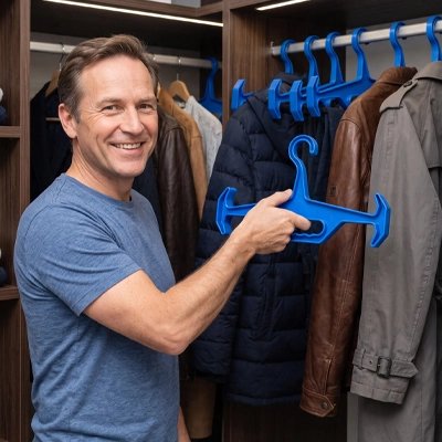 homme tient Cintre​s ergonomique bleu