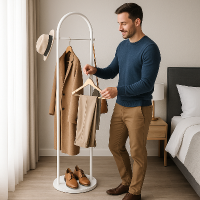 lit chevet homme range pantalon sur valet de chambre