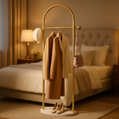 lit chevet vêtements rangés sur le valet de chambre