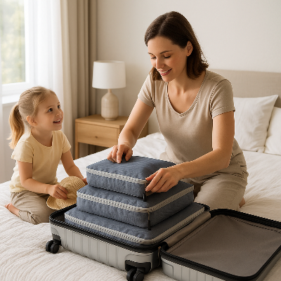 organisateur pour valise femme enfant sourir prepare valise vacances chambre
