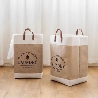 panier a linge beige et blanc 2 poignees chambre