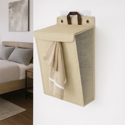 panier à linge beige pliable suspendu mur chambre gain place