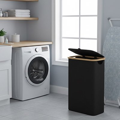 panier à linge pliable noir couvercle souleve buanderie