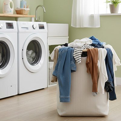 panier a linge qui déborde dans buanderie 