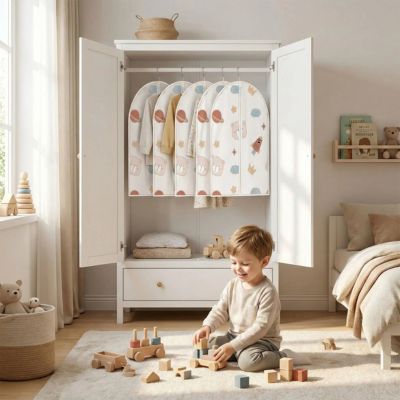 petit garçon joue armoire housse vetement penderie