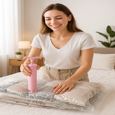 pompe a air femme assise lit vide sac sous vide vêtement
