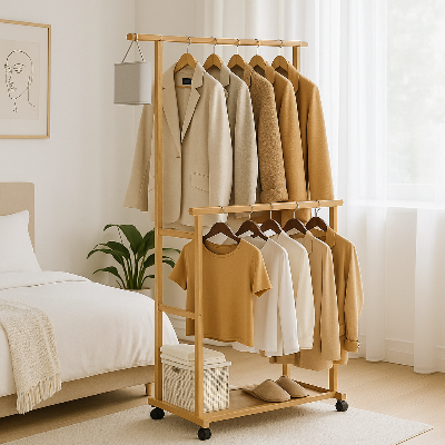 portant-vêtement-bois-remplit-vêtement-chambre-contemporaine-lit-fenêtre 