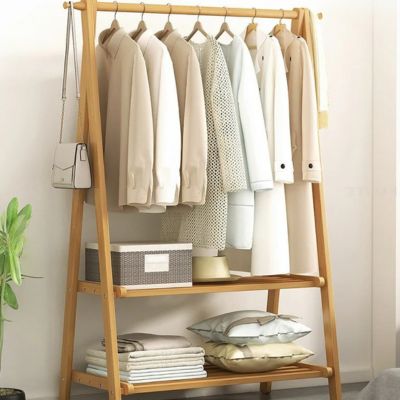portant vêtement bois tringle 2 étagères coussin linge maison vêtement suspendu