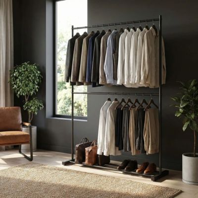 porte vetement noir 2 barres 120 cm chemises pantalons chaussures