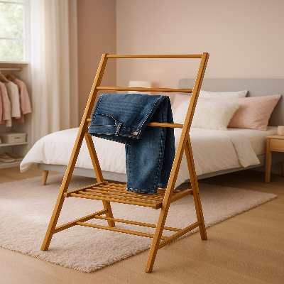 pose son jean sur le valet de chambre bois