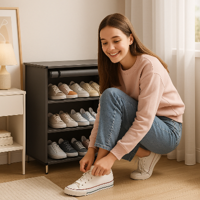 rangement chaussures chambre adolescente sourir enfile basket préféré