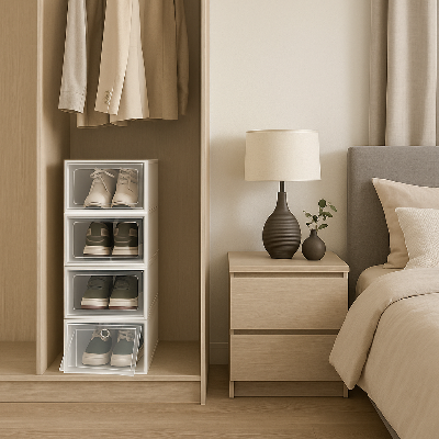 rangement chaussures en bas dressing rendu propre chevet lit