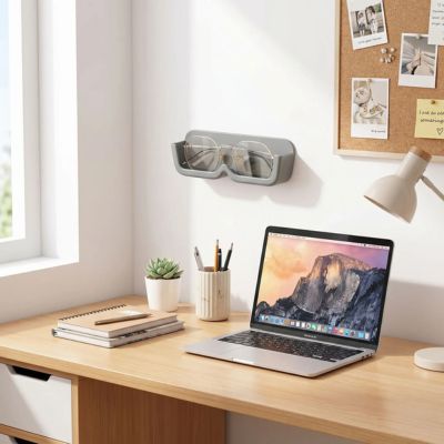 rangement lunette gris fixe au mur au dessus bureau