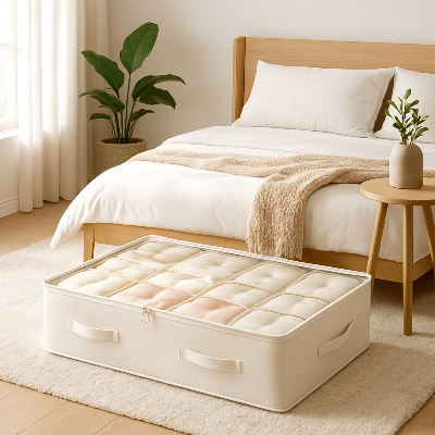 rangement sous lit chambre lit remplit linge optimisation espace