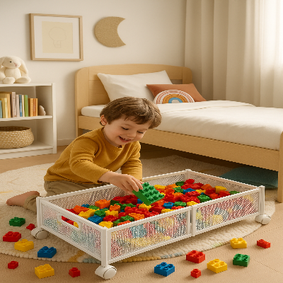 rangement sous lit enfant souriant range ses briques jeu chambre