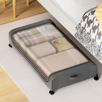 rangement sous lit gris roulettes fermeture éclair couvercle transparent roulette
