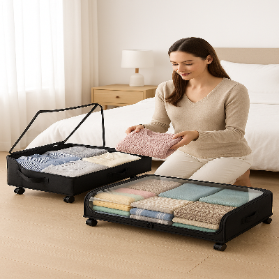 rangement sous lit roulette femme souriante range vêtement saison facilement