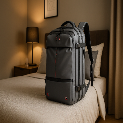 sac a dos voyage avion gris pose lit  chambre homme