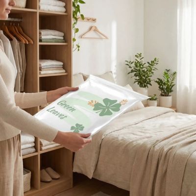sac sous vide vetement aplati tenu par femme