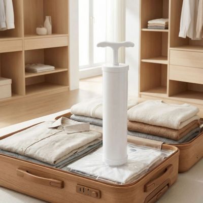 sac vetement sous vide pompe air manuelle blanche