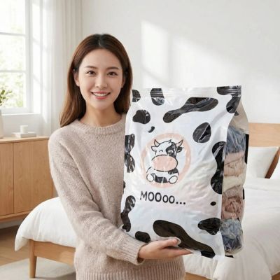 sac vetement sous vide tenu par une femme chambre 