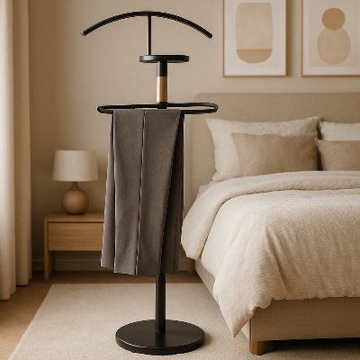 valet de chambre bois décoratif suspendu pantalon lit chevet
