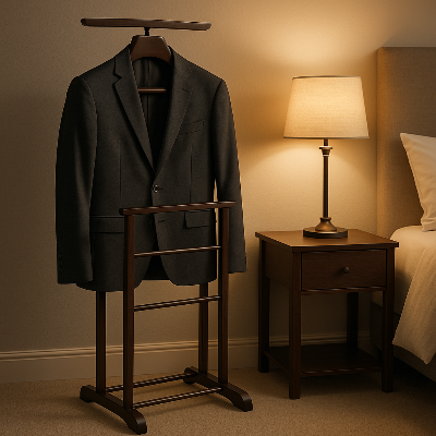 valet de chambre bois elegant veste suspendu chevet lit
