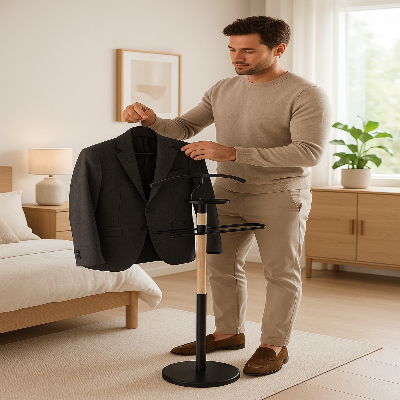 valet de chambre bois solide homme suspend veste lit chevet