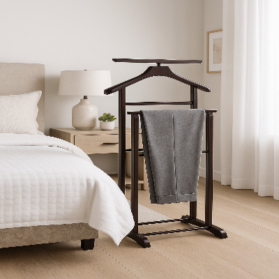 valet de chambre bois suspendu pantalon lit chevet